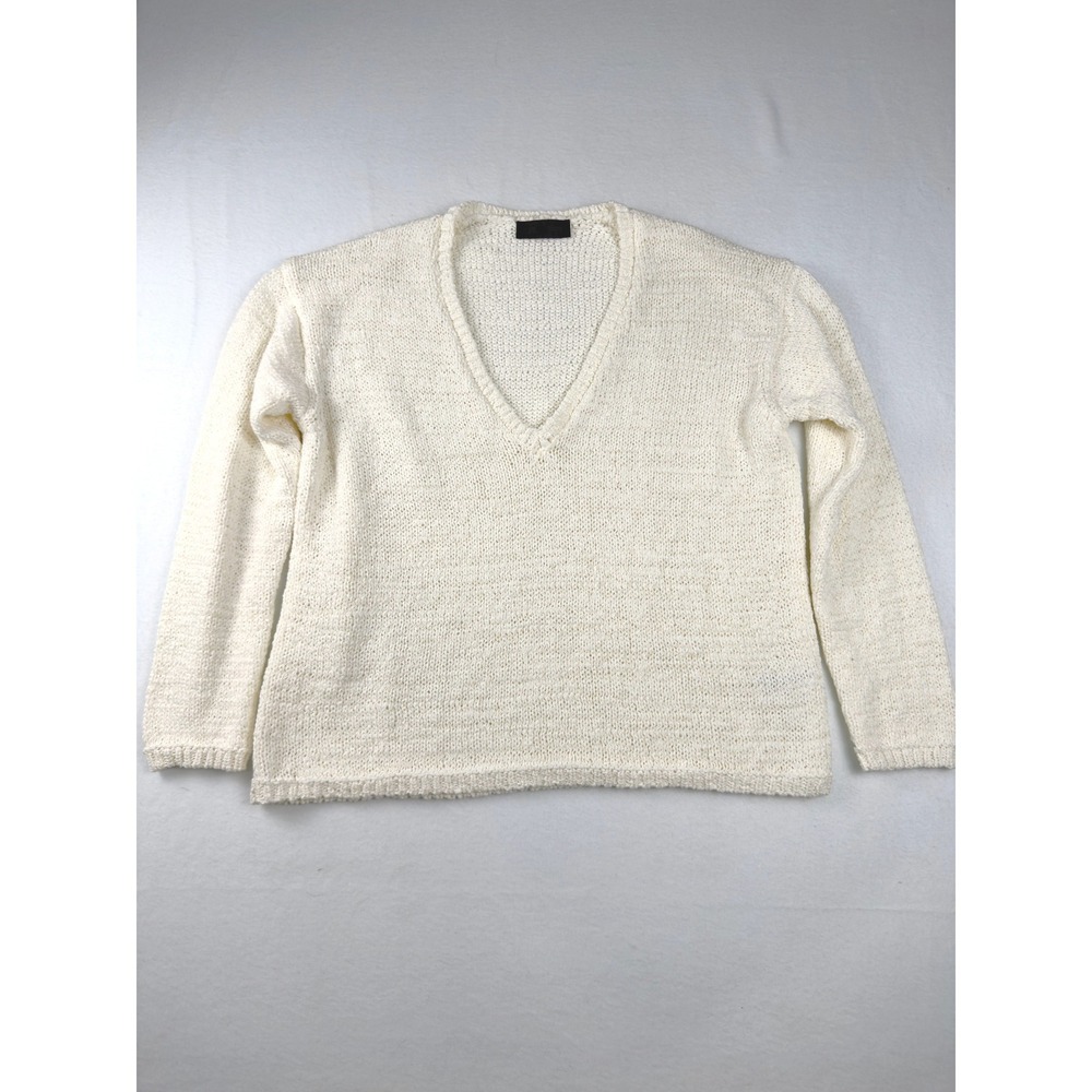 Zara Womens Cream Cotton Blend Open Knit V-Neck Long Sleeve Sweater Size S